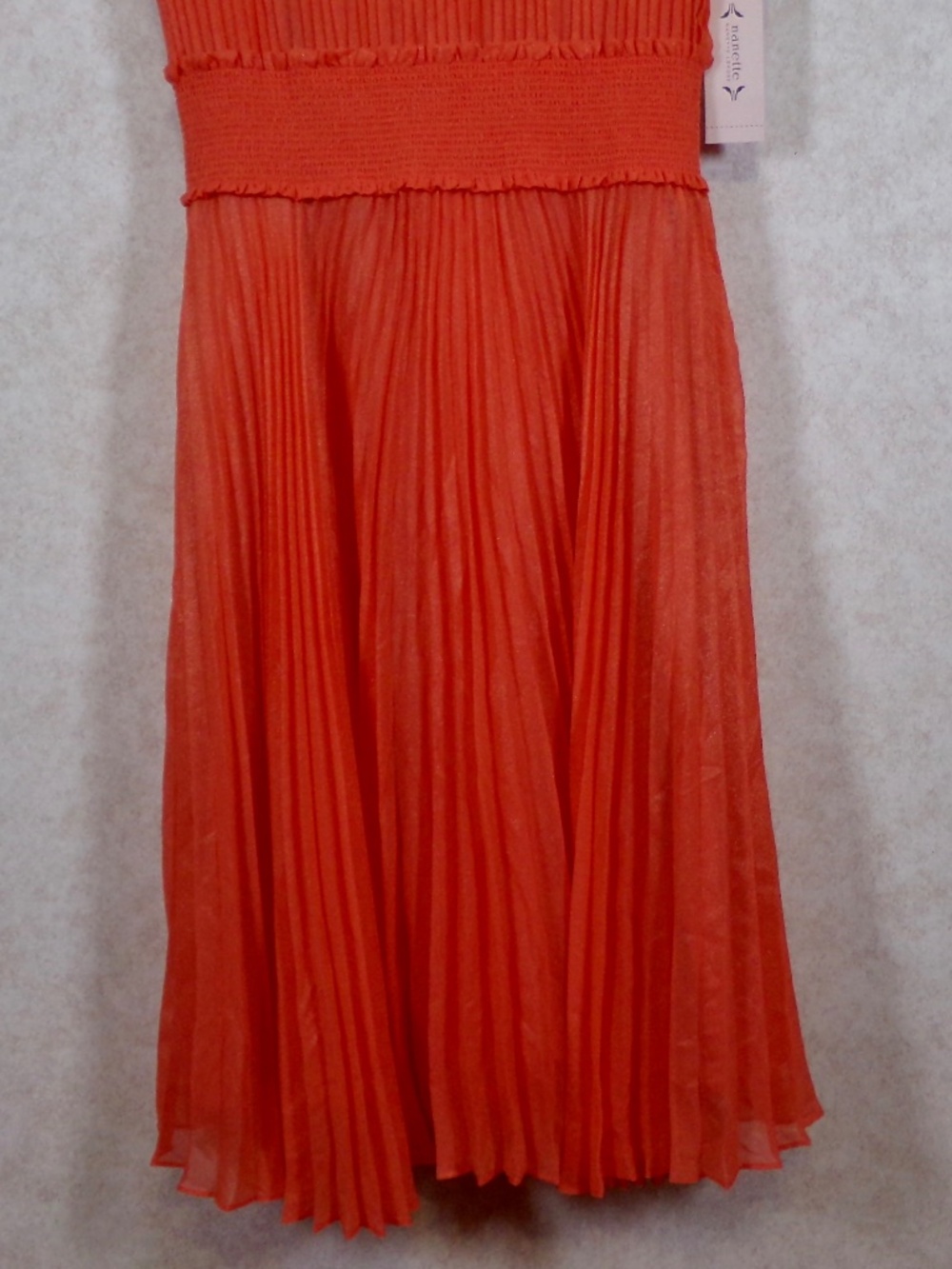 NWT Nanette Lepore Vivid Coral Crinkle Pleated Midi Dress. Lined Size 12 - Picture 3 of 12